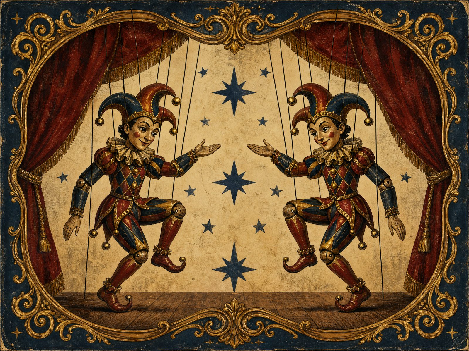 Two mirrored jester marionettes facing each other on a puppet stage