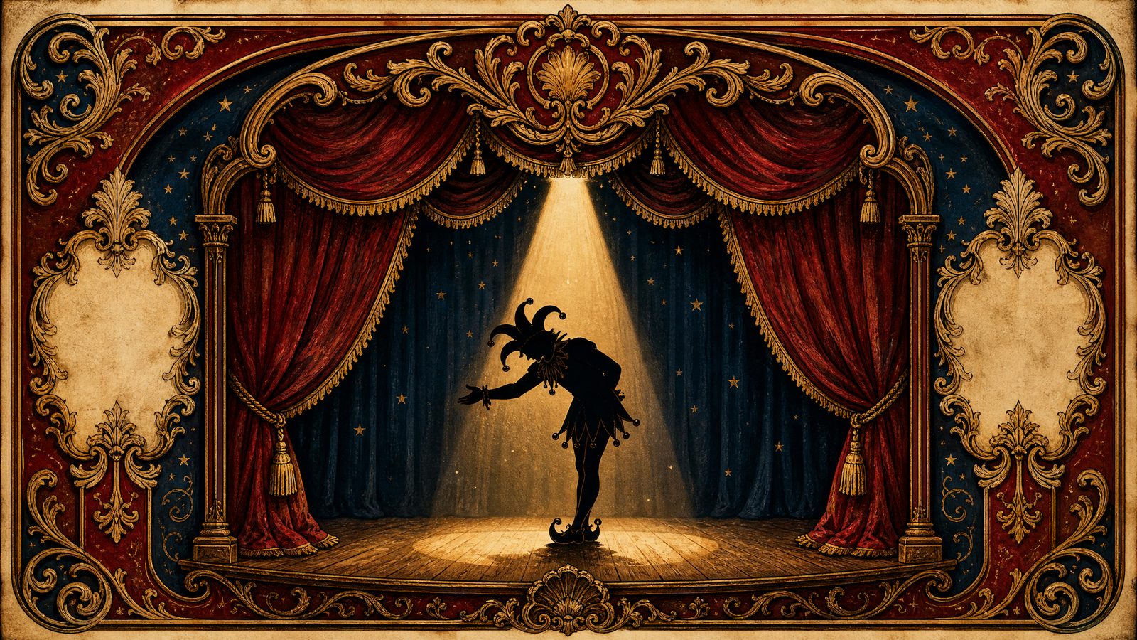 A jester silhouette bowing on an ornate stage between crimson curtains